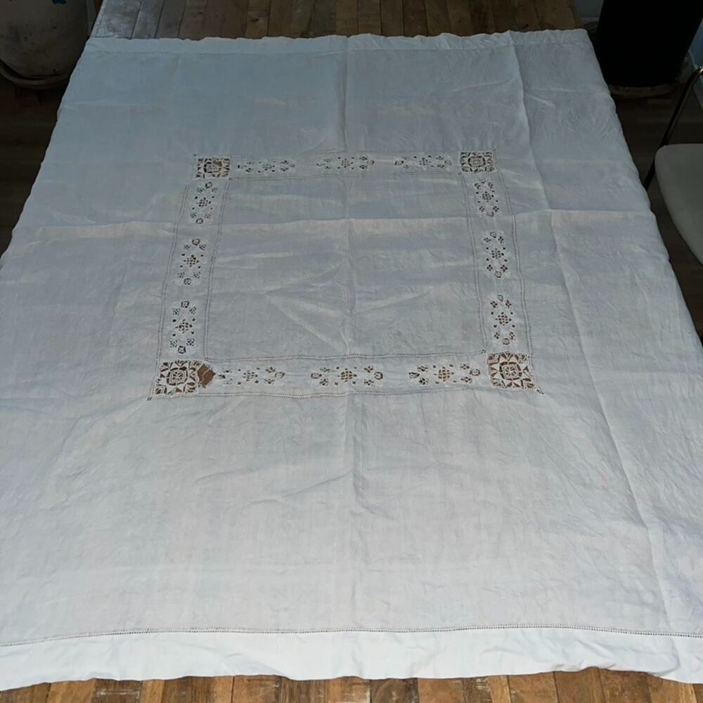White Linen Tablecloth 49 x 52 in Delicate Cutwork & Hand-Done Drawnwork